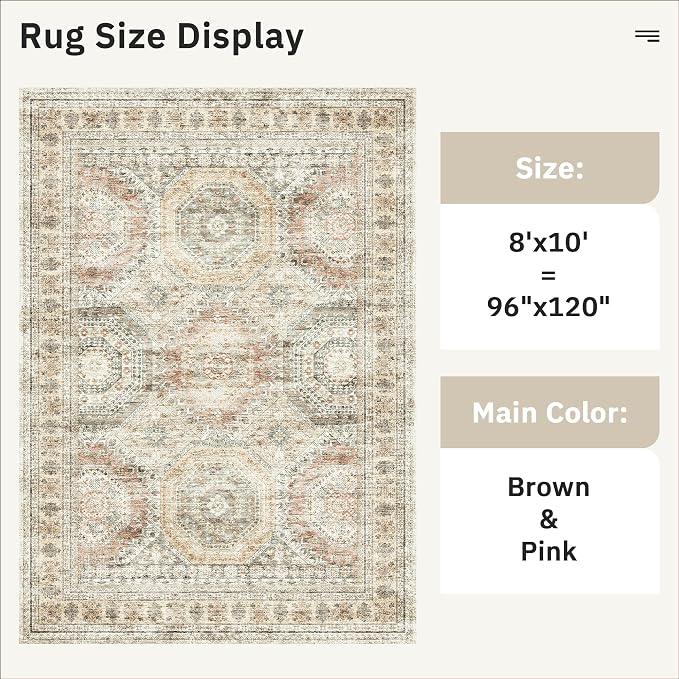 Soalmost Washable Area Rug 8x10, Large Soft Rugs for Living Room Vintage 8x10 Area Rugs for Bedroom Dining Room Non-Slip Stain Resistant Under Table Brown Pink Rug