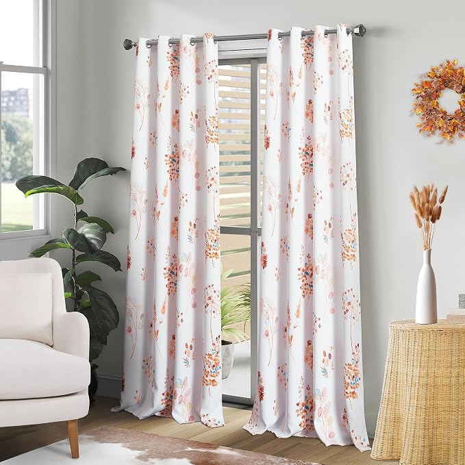 XTMYI Terracotta Orange and Blue Boho Blackout Curtains, Multicolor Watercolor Floral Print, Spring Bright Botanical Drapes for Bedroom Living Room