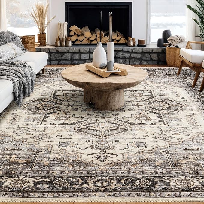 9x13 Area Rugs for Living Room - Large Carpet Ultra Thin Soft Washable Oriental Vintage Floral Distressed Rug Big Indoor Carpets for Bedroom Nursery Dorm Home Decor Aesthetic - Grey Brown