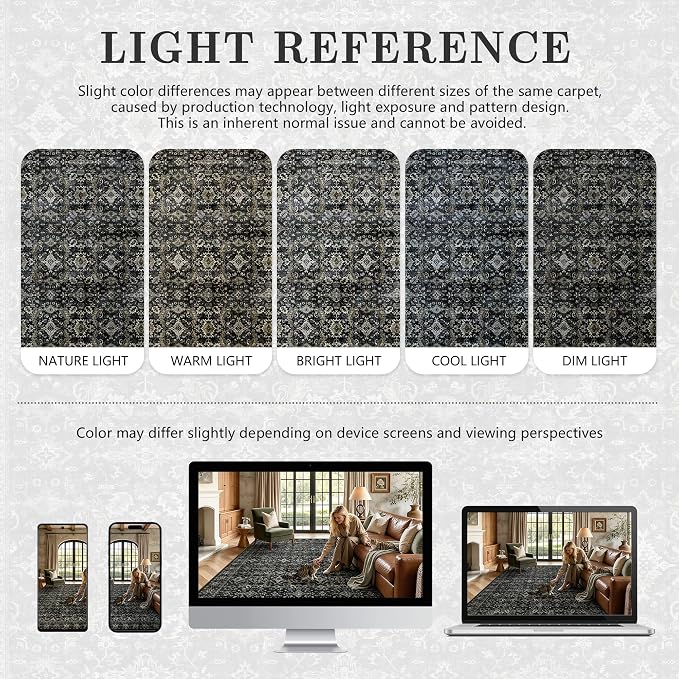 6x9 Area Rugs - Washable Vintage Retro Living Room Rug, Soft Ultra Thin Non Slip Low Pile Traditional Distressed Boho Carpet for Bedroom Dining Room Nursery Home Office, Black Gold