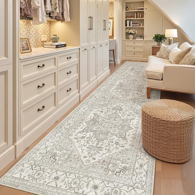 Madane Hallway Runner Rug 3x12 Washable Kitchen Runners 12ft, Beige/Brown | Vintage Non Slip Area Rugs for Hallways, Soft Low-Pile Thin Farmhouse Wide Floor Carpet for Entryway Foyer Bathroom Bedroom