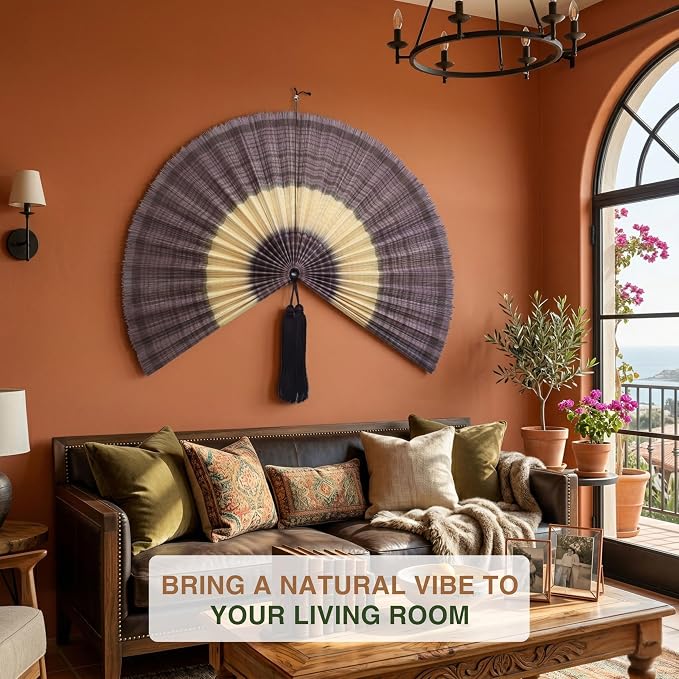 SUCHUBU Purple Bamboo Wall Fan, 40" Unique Handwoven Wall Decor, Large Japanese Hanging Fan, Asian Art for Bedroom, Aesthetic Soft Purple Wall Accent, Hook Strap Included (Chevolet, Medium)