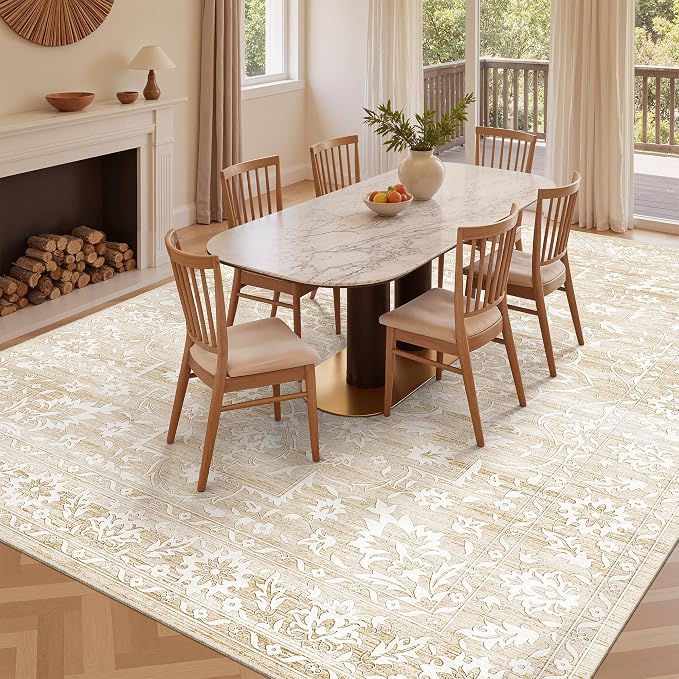 Soalmost Living Room 10x14 Area Rugs, Washable Soft Neutral Rugs Beige | Low Pile Non-Slip Stain Resistant Extra Large Thin Rug, Vintage Throw Carpet for Dining Room Bedroom Farmhouse Home Office
