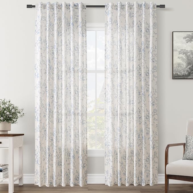 Blue Floral Curtains 80 inch Length Back Tab Farmhouser Living Room Light Filtering Curtains Blue Pattern Print on Cream White Linen Curtain Panel Minimalist Aesthetic Sketch Style Vintage Room Decor