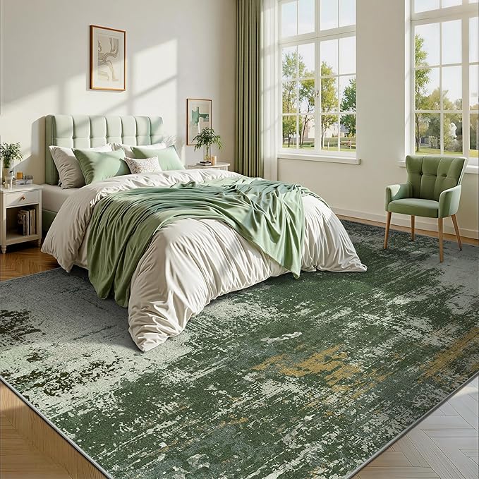 8x10 Rugs for Living Room - Modern Abstract Washable Rug, Ultra Soft Non Slip Low Pile Large Rugs, Floor Carpet for Bedroom Dining Room Office Laundry Nursery Home(Green)