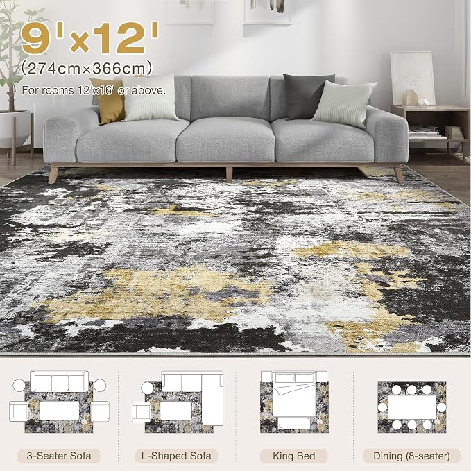 Abstract 9x12 Area Rug: Machine Washable Non Slip Ultra Thin Low-Pile Carpet, Soft Stain Resistant for Living Dining Room Bedroom, Kid Pet Friendly, Robot Vacuum Compatible - Black Gold