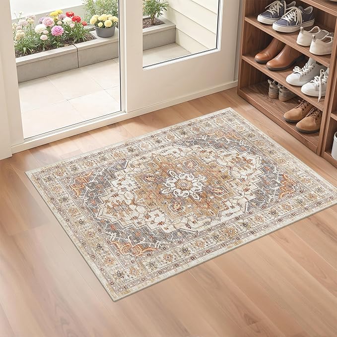 befbee 2x3 Entryway Rug Small Washable Kitchen Rugs Non Slip Front Door Rug Foldable Thin Carpet Low Pile Area Rug for Dining Room Entry Bedroom(Turmeric/Grey,2'x3')