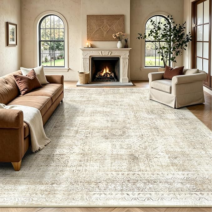 8x10 Area Rugs for Living Room, Washable Vintage Retro Floral Rug, Low Pile Non Slip Distressed Large Carpet for Bedroom, Dining Room, Office, Home (Beige)