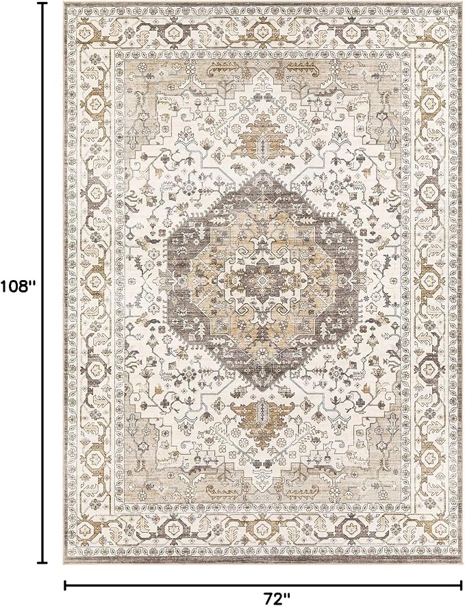 Area Rug for Living Room - 6x9 Soft Washable Oriental Vintage Floral Distressed Large Carpet - Fade Stain Resistant Non Slip Rugs for Bedroom Dining Room Nursery Dorm Office Home Decor-Camel/Beige