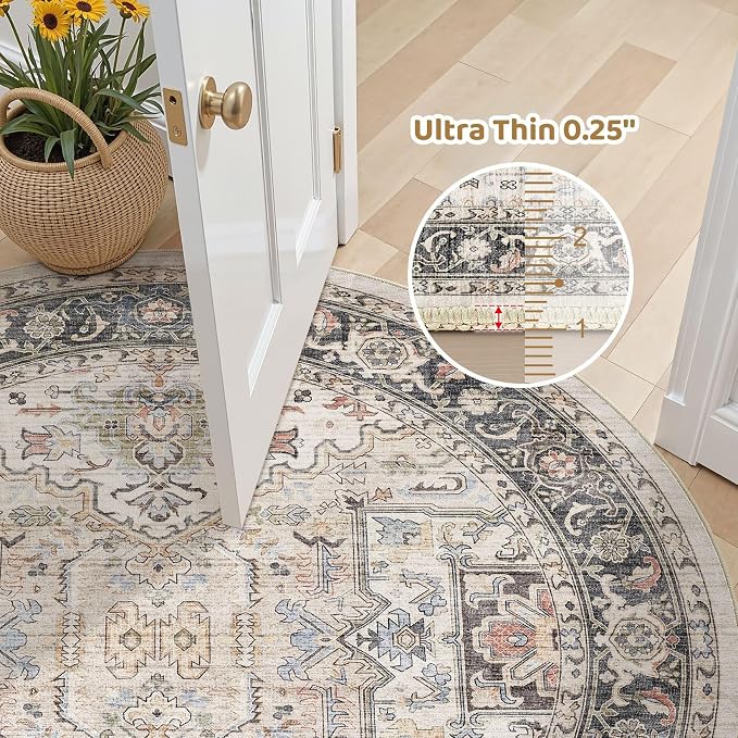 Area Rug for Living Room - 8x8 Large Soft Washable Oriental Vintage Floral Carpet Safe for Babies & Pets - Fade Stain Resistant Non Slip Rugs for Bedroom Dining Room Nursery Dorm Office Home Decor