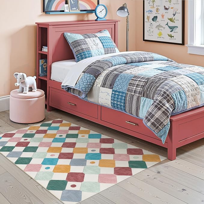 jinchan Macy 4x6 Area Rug for Kids Room Modern Colorful Checkered Diamond Nursery Rug Indoor Washable Soft Non Slip Carpet for Playroom Classroom Bedroom Dorm Daycare Living Room Confetti on Cream
