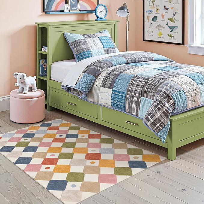 jinchan Macy 3x5 Area Rug for Kids Room Modern Colorful Checkered Diamond Nursery Rug Indoor Washable Soft Non Slip Carpet for Playroom Classroom Bedroom Dorm Daycare Living Room Circus on Cream