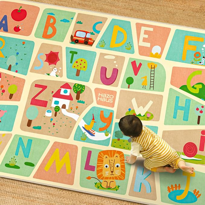 ABC Alphabet Rug for Nursery Room – 5x8 Kids Rug for Preschool, Washable Play Room Carpet, Soft & Safe Toddler Crawling Map with Fun Educational Letters and Cute Cartoon Art Decor