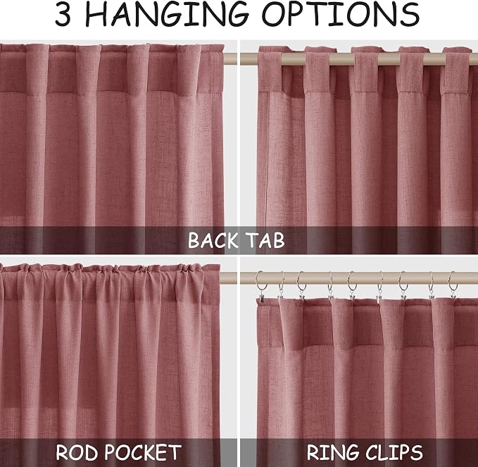 Canyon Rose Linen Curtains 72 Inch Length for Living Room Sheer Lightweight Door Drapes 2 Panels Set for Kids Bedroom Light Filtering Back Tab Rod Pocket Curtain for Kitchen Protect Privacy 52x72