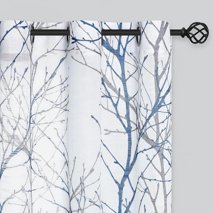 FMFUNCTEX Linen Semi Sheer Curtains for Bedroom, Blue White Curtains 63 Inches Long for Living Room, Grey Tree Branch Patterned Curtain Light Filtering Farmhouse Window Drapes, Grommet Top 2 Panels