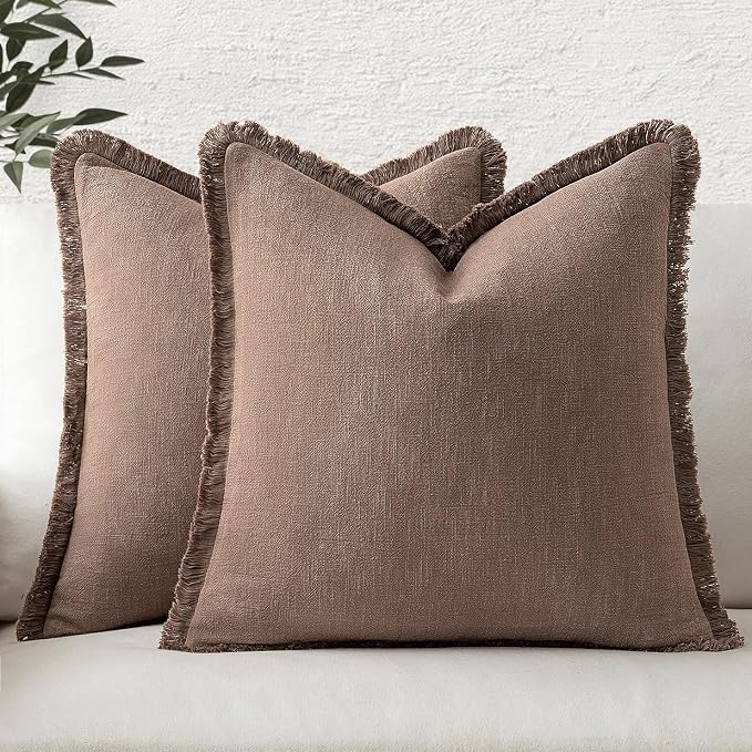 MIULEE Decorative Throw Pillow Covers Neutral Linen Fringe Throw Pillows Set of 2 Dark Coffee Boho Farmhouse Cushion Covers with Tassels for Couch Sofa Bed Living Room Fall Home Decor 20x20 Inch
