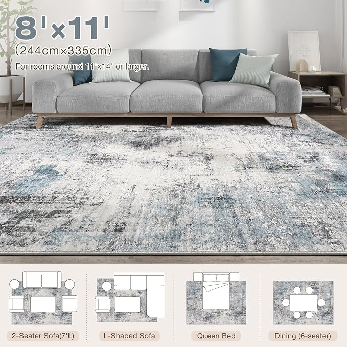 Abstract 8x11 Area Rug: Machine Washable Non Slip Ultra Thin Low-Pile Carpet, Soft Stain Resistant for Living Dining Room Bedroom, Kid Pet Friendly, Robot Vacuum Compatible - Grey Blue