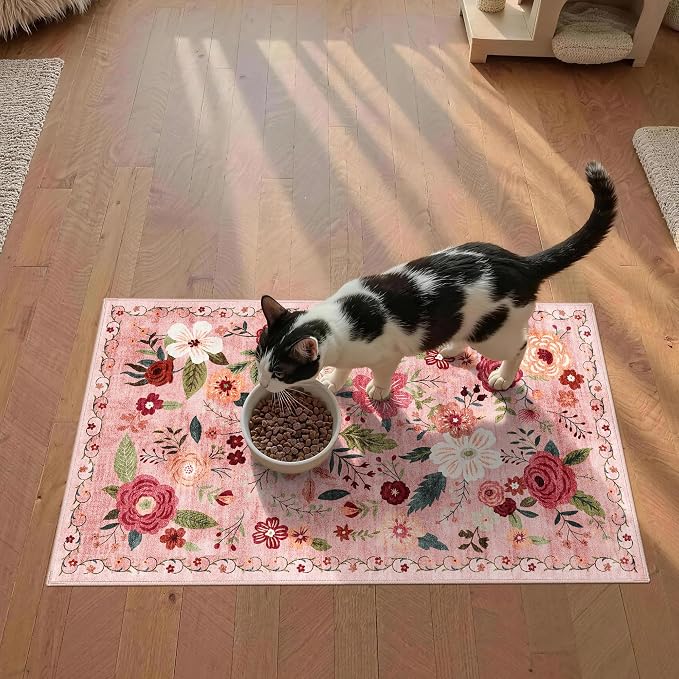 Washable Small Rug 16''x24'' Non Slip Area Rug, Low Pile Wear-Resistant Door Mat Bathroom Mat Pet Food Mat Indoor for Entryway Kitchen Vanity Sink Hallway Bedside Home Decor Carpet Dark Pink