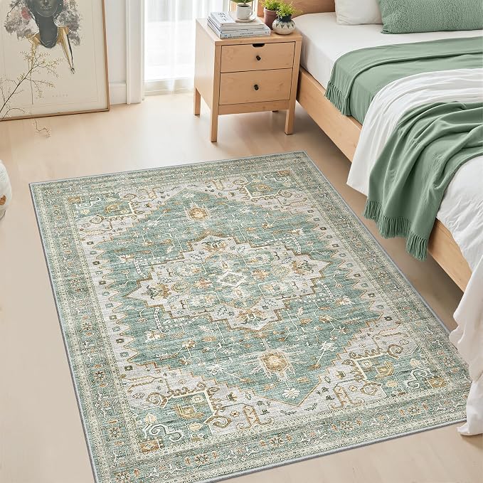 Area Rugs for Living Room - 3x5, Boho Non-Slip Low Pile Carpet Machine Washable Rugs for Bedroom, Farmhouse, Office, Dining Room (Green)