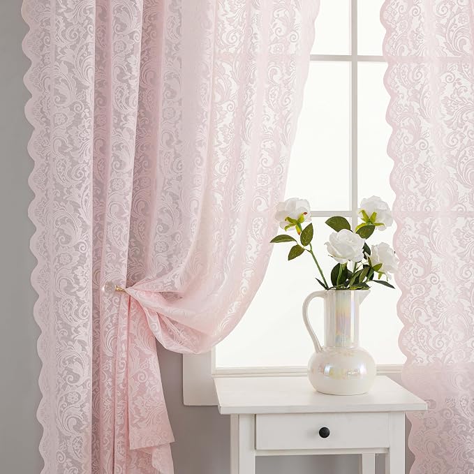 ALIGOGO Pink Lace Curtains 63 Inch Length for Girls Bedroom Nursery | Romantic Coquette, Vintage Floral, Semi-Sheer, Light Filtering, Aesthetic Elegant Decor, 52W x 63L Inch, 2 Panels