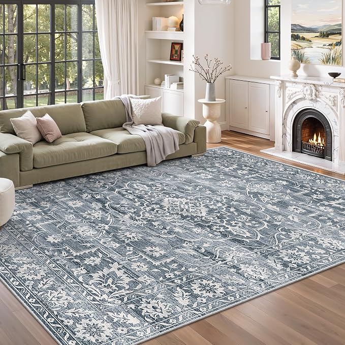 Soalmost 6x9 Area Rugs for Living Room, Washable Bedroom Soft Rug Blue | Vintage Floral Non-Slip Low Pile Stain Resistant Throw Large Neutral Carpet for Dining Room Kitchen Home Office Nursery 6'x9'