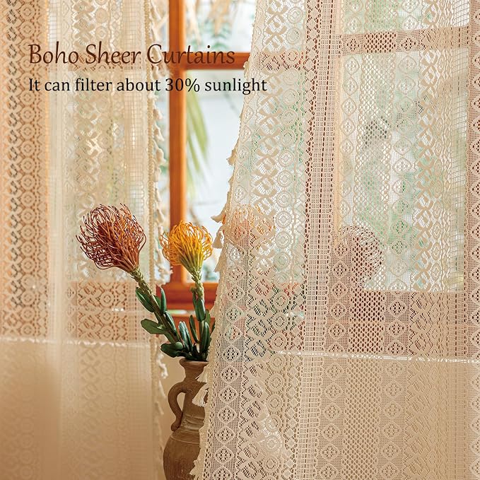 Sutuo Home Boho Curtains 2 Panels for Kitchen Kid's Room, Lace Curtains Semi Sheer Crochet Vintage Country Tassels Bohemian Drape Privacy Window Treatments Rustic Geometry Rod Pocket, 50" x 63" Beige