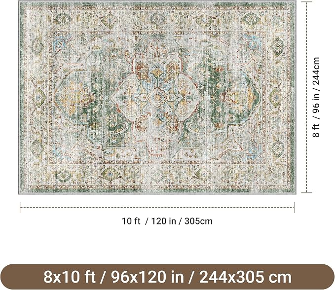 befbee Washable Rug 8x10 Area Rugs for Living Room - Stain Resistant Non-Slip Backing Rugs for Bedroom - Vintage Large Area Rug (Green, 8'x10')