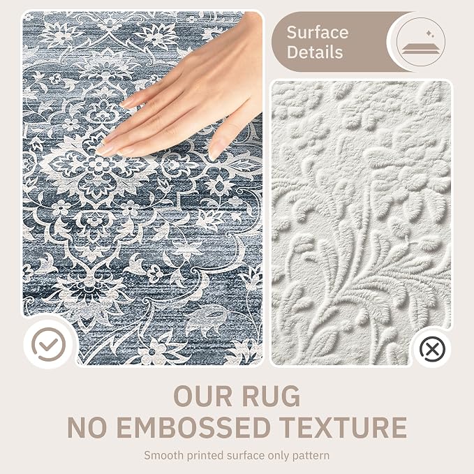 Soalmost 5x7 Area Rugs for Living Room, Washable Bedroom Soft Rug Blue | Vintage Floral Non-Slip Low Pile Throw Large Neutral Carpet for Dining Room Kitchen Home Office Nursery 5'x7'
