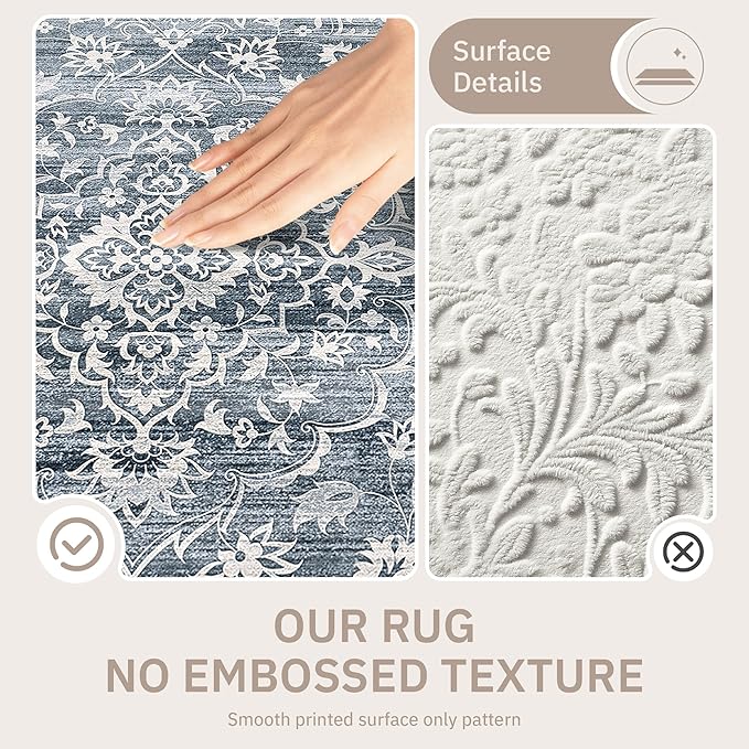 Soalmost 6x9 Area Rugs for Living Room, Washable Bedroom Soft Rug Blue | Vintage Floral Non-Slip Low Pile Stain Resistant Throw Large Neutral Carpet for Dining Room Kitchen Home Office Nursery 6'x9'