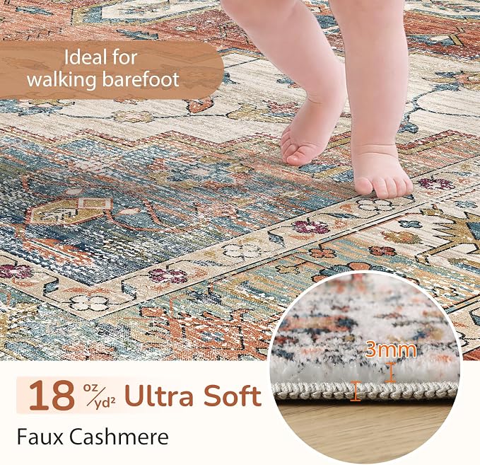 OPPODREAM Living Room Area Rugs, Faux Cashmere Low-Pile Carpet Rug with Non Slip Backing, Printed Decorative, Orange, 5' x 7'(Rectangular)