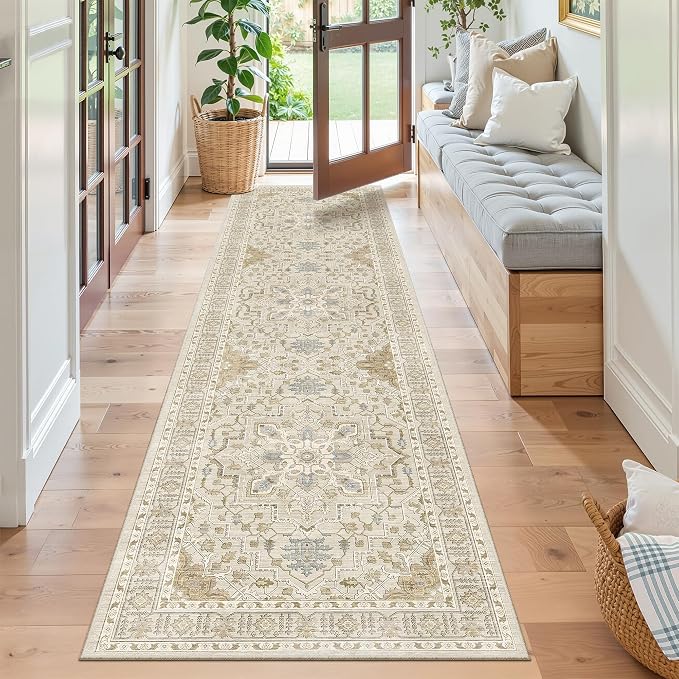 Madane Kitchen Runner Rug 2x7 with Rubber Backing Non Slip, Beige/Blue | Vintage Ultra-Thin Machine Washable Hallway Rugs 7 ft, Soft Low-Pile Throw Carpet Runners for Bedroom Bathroom Laundry Room