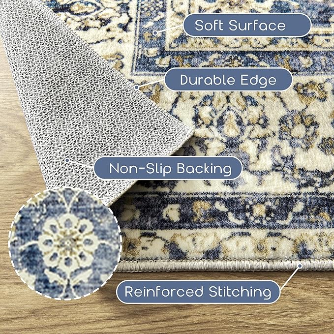 BILEEHOME Dark Blue 5x8 Area Rug for Bedroom Neutral Boho Vintage Floral Design Washable No Slip Soft Rugs for Living Room Home Office Blue Low Pile Dining Room Carpet for Under Table 5 x 8