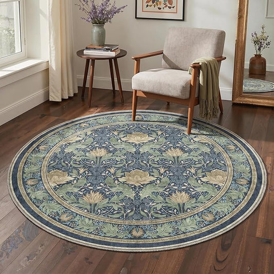 Bavni Round Rug 5FT-Machine Washable Area Rugs Non-Slip for Bedroom, 5x5 Vintage Floral Rug Distressed Throw Carpet for Living Room Nursery Kitchen Bathroom, Tea Green/Blue