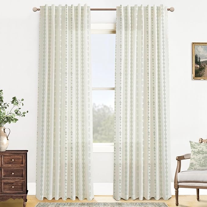 Lino Rosa Sliding Door Curtains 2 Panel Sets for Patio,Boho Patterned Sheer Green Striped Curtains 96 Inches Long