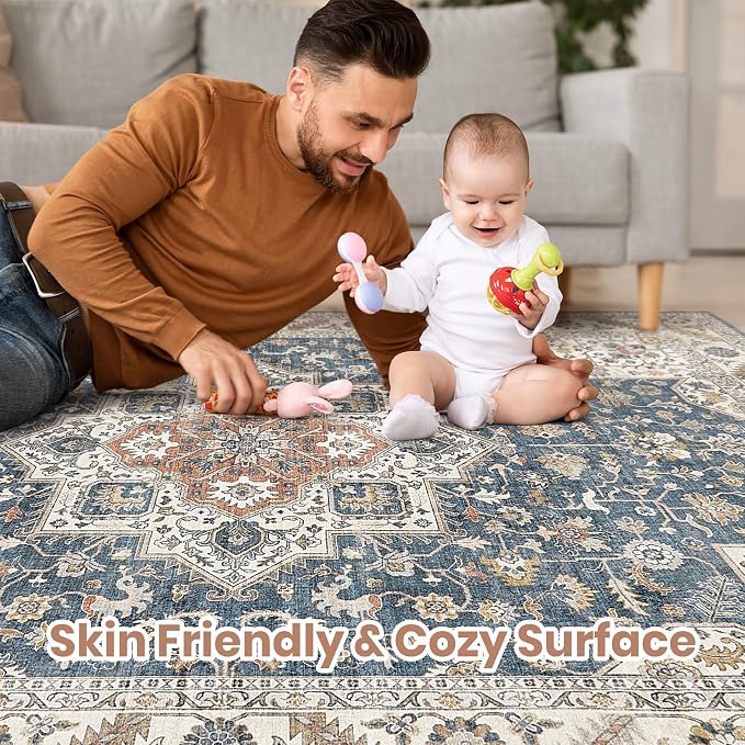 Vintage Living Room Area Rug 9x12 - Large Soft Washable Oriental Traditional Distressed Farmhouse Rugs for Bedroom - Indoor Floor Accent Carpet for Home Office House Decor - Vintage Blue