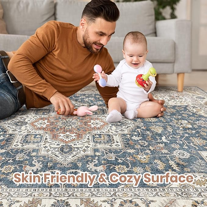 Vintage Living Room Area Rug 6x9 - Large Soft Washable Oriental Traditional Distressed Farmhouse Rugs for Bedroom - Indoor Floor Accent Carpet for Home Office House Decor - Vintage Blue