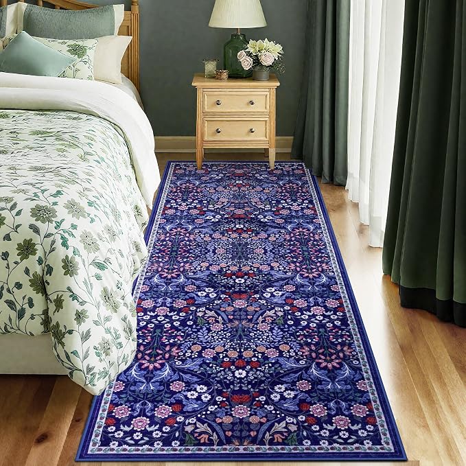 Runner Rug for Entryway: 2x5 Kitchen Rugs Non Slip Washable Ultra-Thin Soft Floral Carpet Indoor Floor Stain Resistant Carpets for Hallway Bedroom Kitchen Laundry Bathroom Dorm Blue