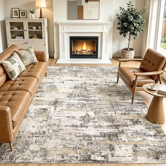 Area Rugs 9x12 Living Room: Washable Large Abstract Modern Neutral Soft Rug Stain Resistant Non-Slip Backing Carpet for Bedroom Dining Room Indoor Nursery Home Office Decor (Gold Brown)