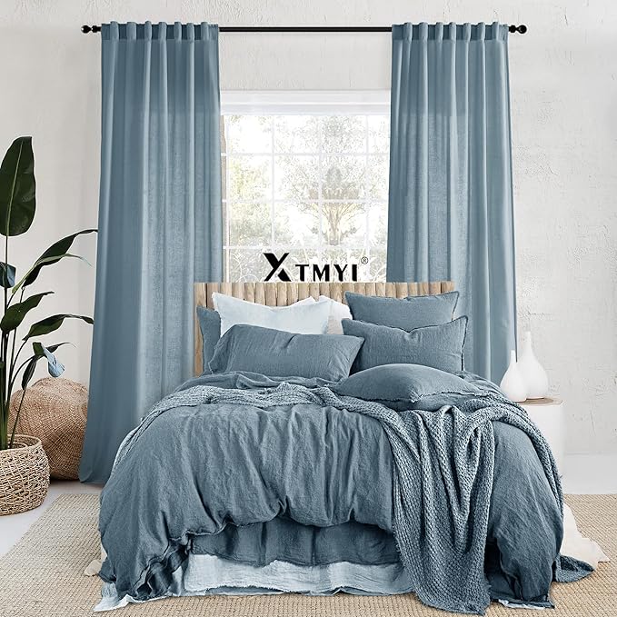 XTMYI Dusty Blue Curtains 96 Inches Long for Living Room,Light Filtering Country Vintage Hooks Pleated Back Tab Semi Sheer Linen Curtains for Bedroom 2 Panels Set,Stone Blue