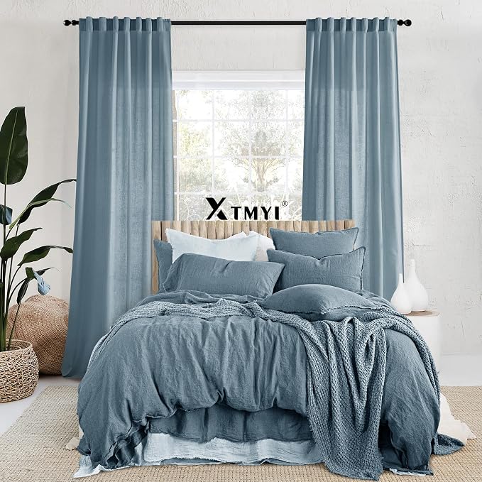 XTMYI Dusty Blue Curtains 84 Inches Long for Living Room,Light Filtering Country Vintage Hooks Pleated Back Tab Semi Sheer Linen Curtains for Bedroom 2 Panels Set,Grey Stone Blue