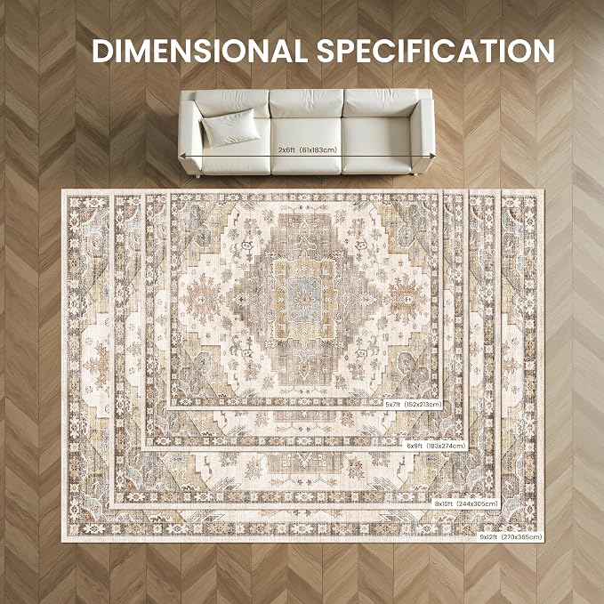befbee 5x7 Area Rugs for Living Room, Stain Resistant Neutral Washable Rugs for Dining Rooms, Floral Vintage Non-Slip Thin Large Size Area Rug(Brown)