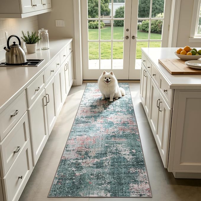 Sasttie 2x10 Soft Runner Rug for Entryway, Modern Abstract Washable Carpet for Hallway, Kitchen and Laundry Room, with Non-Slip Backing, Pink and Green
