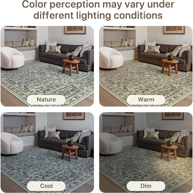 Bavni 2x5 Rug Runners for Hallways, Washable Runner Rug Non Slip,Vintage Floral Print Style Rugs for Bedroom-Lightweight Low Pile Carpet for Hallways Bathroom, Green/Blue