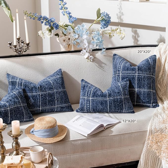 BlissBlush Decorative Throw Pillow Covers 18x18 Set of 2, Boho Blue Textured Chenille Accent Throw Pillow Covers for Couch Sofa Bed Living Room Home Décor (Cover Only)