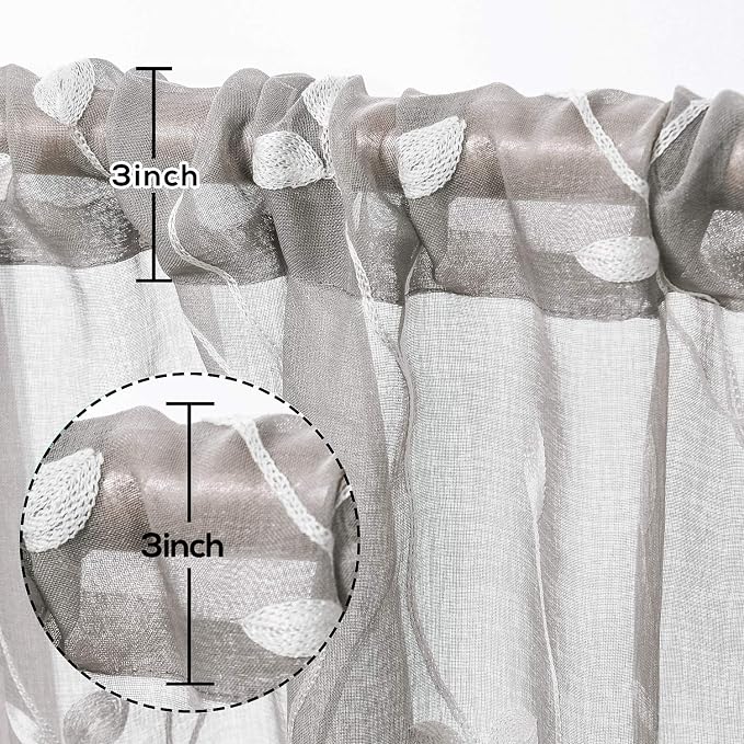 AmHoo 2 Panels Embroidered Leaf Pattern Semi Sheer Curtains Foliage Floral Voile Window Draperies Treatment for Bedroom Living Room Rod Pocket Light Gray 53 x 95 Inch