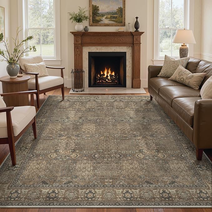 Bavni Washable Rugs 4x6 Machine Washable Rug Lightweight Low Pile, Vintage Floral Rug Non-Shedding Distressed Throw Carpet for Living Room Bedroom Office, Brown