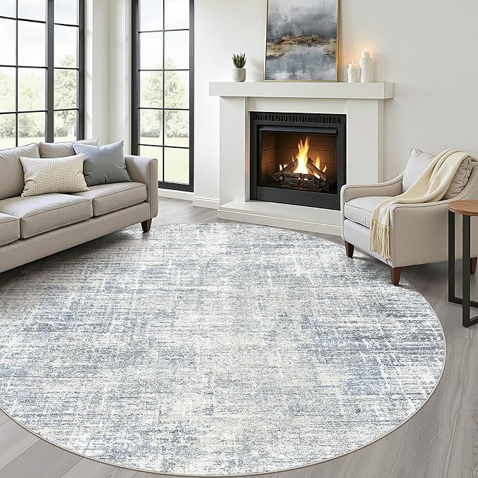 8ft Round Rug Living Room: 8x8 Washable Large Neutral Blue Circle Area Rug Abstract Soft Modern Stain Resistant Indoor Floor Non-Slip Carpet for Bedroom Nursery Kids Office Playroom Dining Room