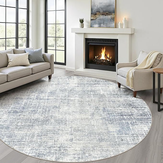 8ft Round Rug Living Room: 8x8 Washable Large Neutral Blue Circle Area Rug Abstract Soft Modern Stain Resistant Indoor Floor Non-Slip Carpet for Bedroom Nursery Kids Office Playroom Dining Room