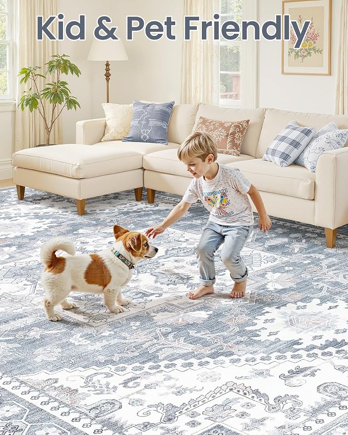 5x8 Vintage Area Rug: Washable Neutral Soft Non Slip Thin Large Floor Carpet for Living Room Bedroom Kitchen Dining Room Home Office Farmhouse Indoor - Blue