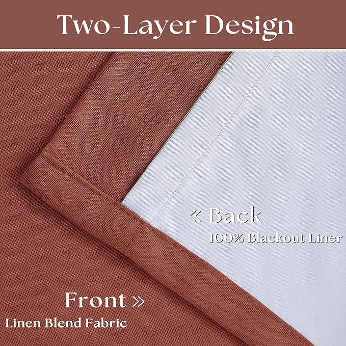 Terracotta Linen Blackout Curtains 45 Inch Length 2 Panels Pinch Pleated Back Tab Short Curtains for Kitchen with 100% Blackout Liner Rustic Farmhouse Drapes for Basement Thermal Insulated Drape